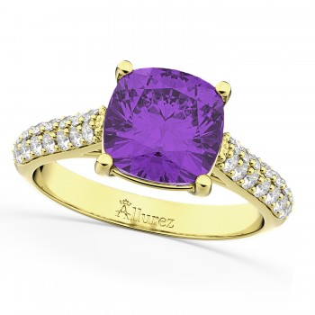 Cushion Cut Amethyst & Diamond Engagement Ring 14k Yellow Gold (4.42ct)