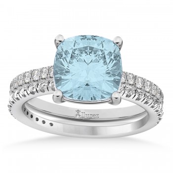 Aquamarine & Diamond Cushion-Set Semi-Eternity Bridal Set 14K White Gold (3.22ct)