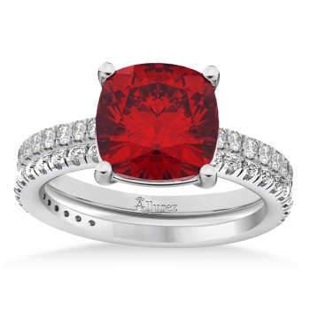 Ruby & Diamond Cushion-Set Semi-Eternity Bridal Set 14K White Gold (3.22ct)