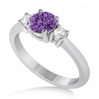 Round Amethyst & Diamond Three-Stone Engagement Ring 14k White Gold (0.89ct)