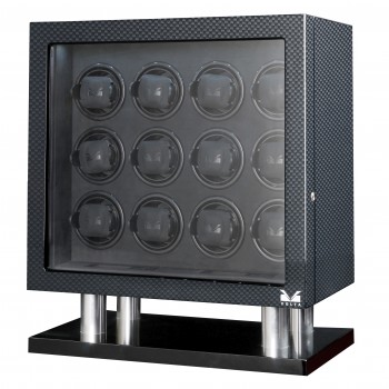 High Gloss Carbon Fiber Twelve Watch Winder w/ Black Leather Interior
