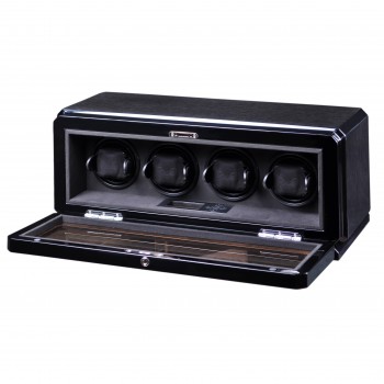 High Gloss Black Oak Four Watch Winder w/ Glass Window & Suede Interior