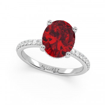 Oval Cut Ruby with Hidden Halo  Engagement Ring 14K White Gold (4.07ct)