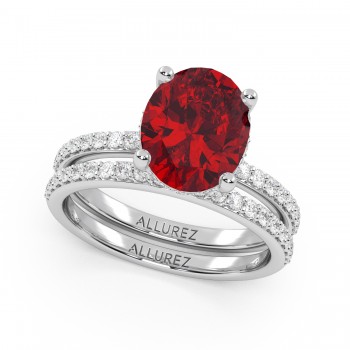 Oval Cut Ruby with Hidden Halo  Bridal Ring Set 14K White Gold (4.29ct)
