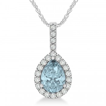 Pear Shape Diamond & Aquamarine Halo Pendant 14k White Gold 2.20ct