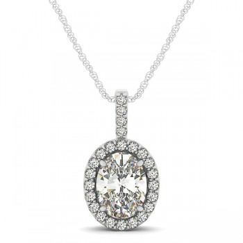 Diamond Halo Oval Pendant Necklace 14k White Gold (0.93ct)