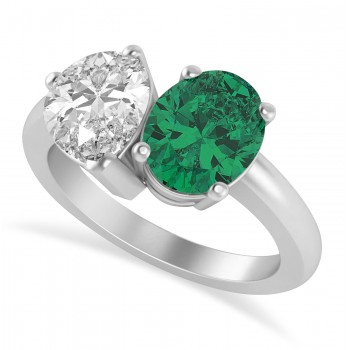 Oval/Pear Diamond & Emerald Toi et Moi Ring 14k White Gold (4.50ct)
