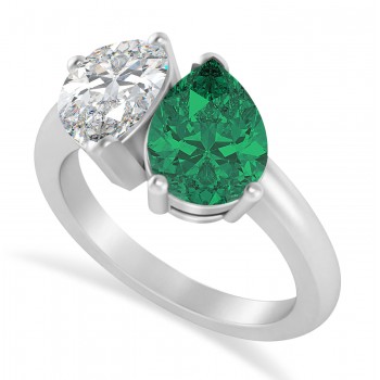 Pear/Pear Diamond & Emerald Toi et Moi Ring 14k White Gold (4.00ct)