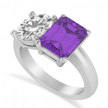 Emerald/Round Diamond & Amethyst Toi et Moi Ring 14k White Gold (4.50ct)