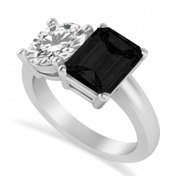 Emerald/Round Black & White Diamond Toi et Moi Ring 14k White Gold (4.50ct)