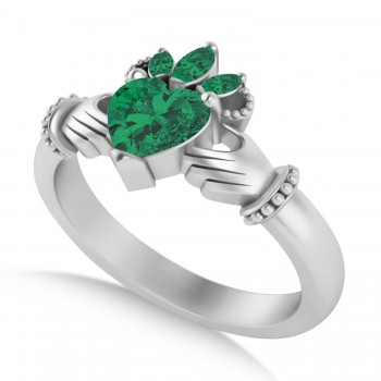Lab-Grown Emerald Heart & Marquise  Claddagh Ring 14K White Gold (0.81ct)