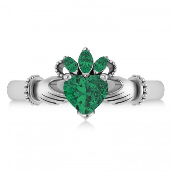 Lab-Grown Emerald Heart & Marquise  Claddagh Ring 14K White Gold (0.81ct)