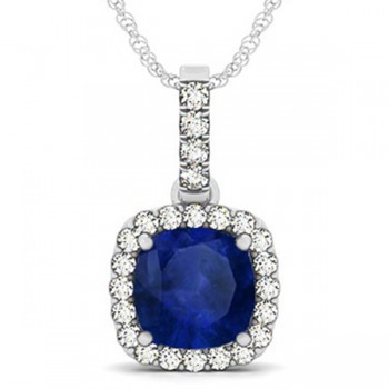 Blue Sapphire & Diamond Halo Cushion Pendant Necklace 14k White Gold (4.05ct)