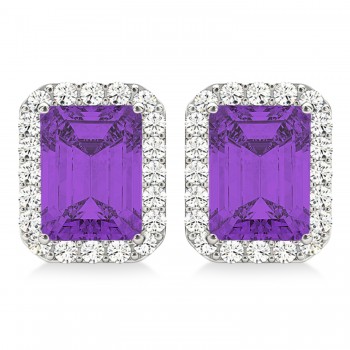 Emerald Cut Amethyst & Diamond Halo Earrings 14k White Gold (2.30ct)
