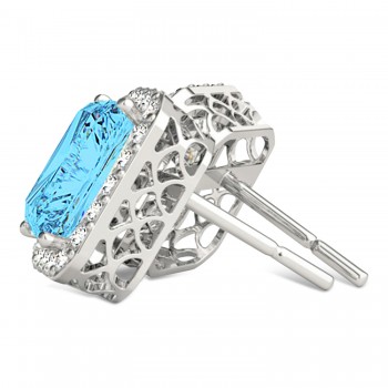 Emerald Cut Blue Topaz & Diamond Halo Earrings 14k White Gold (2.80ct)