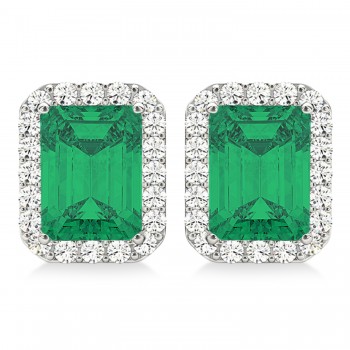 Emerald Cut Lab Emerald & Diamond Halo Earrings 14k White Gold (2.10ct)