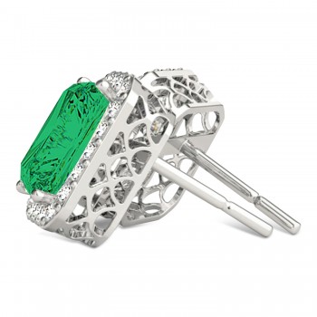 Emerald Cut Lab Emerald & Diamond Halo Earrings 14k White Gold (2.10ct)