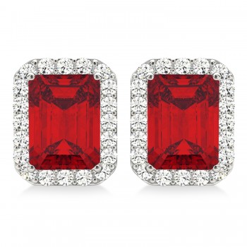 Emerald Cut Ruby & Diamond Halo Earrings 14k White Gold (2.60ct)
