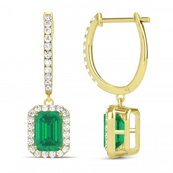 Emerald Shape Emerald & Diamond Halo Dangling Earrings 14k Yellow Gold (1.70ct)