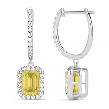 Emerald Shape Yellow Diamond & Diamond Halo Dangling Earrings 14k White Gold (1.50ct)