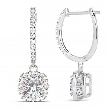 Cushion Moissanite & Diamond Halo Dangling Earrings 14k White Gold (2.70ct)