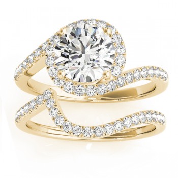 Diamond Halo Swirl Bridal Engagement Ring Set14k Yellow Gold 0.43ct