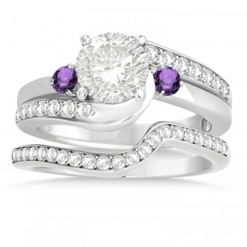 Amethyst & Diamond Swirl Engagement Ring & Band Bridal Set 18k White Gold 0.58ct