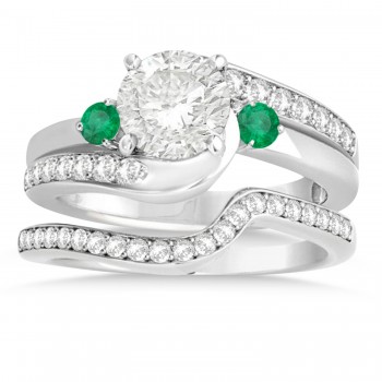 Emerald & Diamond Swirl Engagement Ring & Band Bridal Set 14k White Gold 0.58ct