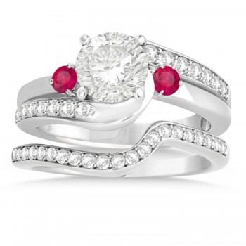 Ruby & Diamond Swirl Engagement Ring & Band Bridal Set 18k White Gold 0.58ct