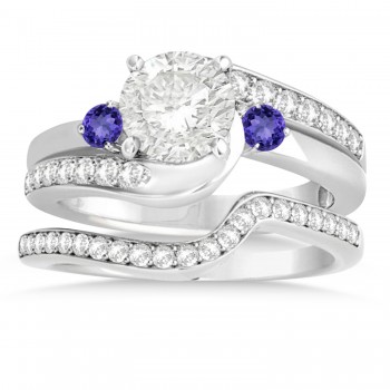 Tanzanite & Diamond Swirl Engagement Ring & Band Bridal Set 14k White Gold 0.58ct