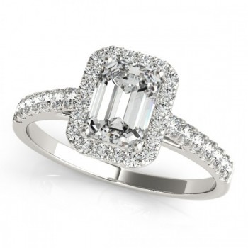 Diamond Halo Emerald-Cut Engagement Ring 14k White Gold (0.90ct)