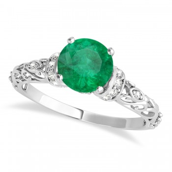 Emerald & Diamond Antique Style Engagement Ring 14k White Gold (1.62ct)