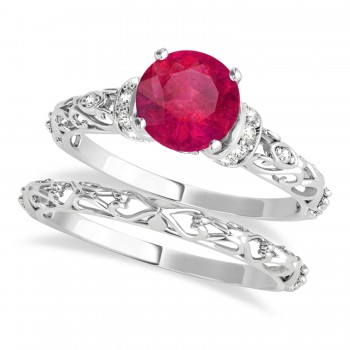 Ruby & Diamond Antique Style Bridal Set 18k White Gold (0.87ct)