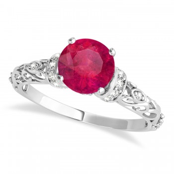 Ruby & Diamond Antique Style Bridal Set 18k White Gold (0.87ct)