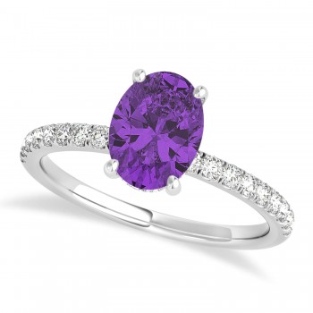 Oval Amethyst & Diamond Single Row Hidden Halo Engagement Ring 14k White Gold (0.68ct)