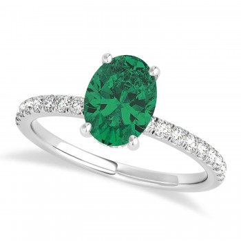 Oval Emerald & Diamond Single Row Hidden Halo Engagement Ring 14k White Gold (0.68ct)