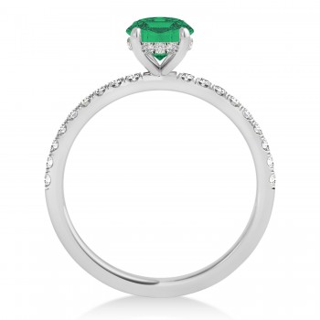 Oval Emerald & Diamond Single Row Hidden Halo Engagement Ring 14k White Gold (0.68ct)