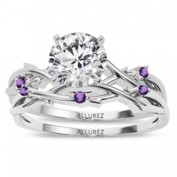 Round Amethyst Vine Leaf Engagement Ring Bridal Set 14K White Gold (0.05ct)