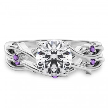 Round Amethyst Vine Leaf Engagement Ring Bridal Set 14K White Gold (0.05ct)