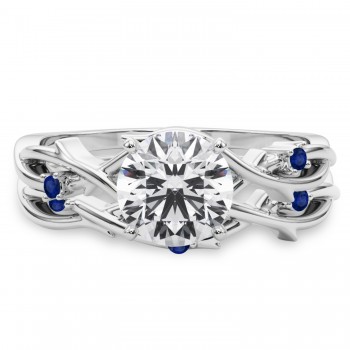 Round Blue Sapphire Vine Leaf Engagement Ring Bridal Set 18K White Gold (0.05ct)
