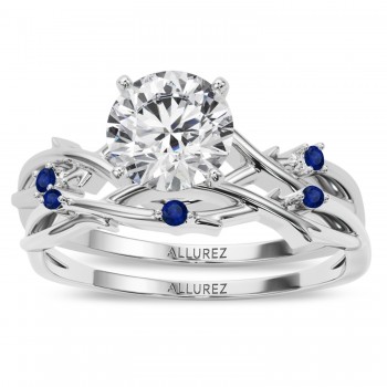 Round Blue Sapphire Vine Leaf Engagement Ring Bridal Set in Platinum (0.05ct)