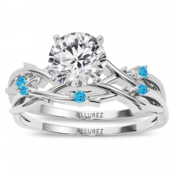 Round Blue Topaz Vine Leaf Engagement Ring Bridal Set 14K White Gold (0.05ct)