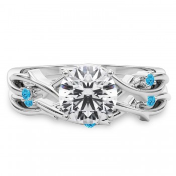 Round Blue Topaz Vine Leaf Engagement Ring Bridal Set 14K White Gold (0.05ct)