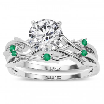 Round Emerald Vine Leaf Engagement Ring Bridal Set 14K White Gold (0.05ct)