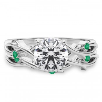 Round Emerald Vine Leaf Engagement Ring Bridal Set 14K White Gold (0.05ct)