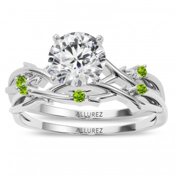 Round Peridot Vine Leaf Engagement Ring Bridal Set 14K White Gold (0.05ct)