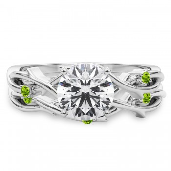 Round Peridot Vine Leaf Engagement Ring Bridal Set 14K White Gold (0.05ct)