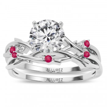 Round Ruby Vine Leaf Engagement Ring Bridal Set 14K White Gold (0.05ct)