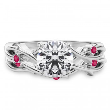 Round Ruby Vine Leaf Engagement Ring Bridal Set 14K White Gold (0.05ct)