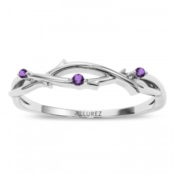 Round Amethyst Vine Leaf Ring Wedding Band 14K White Gold (0.03ct)
